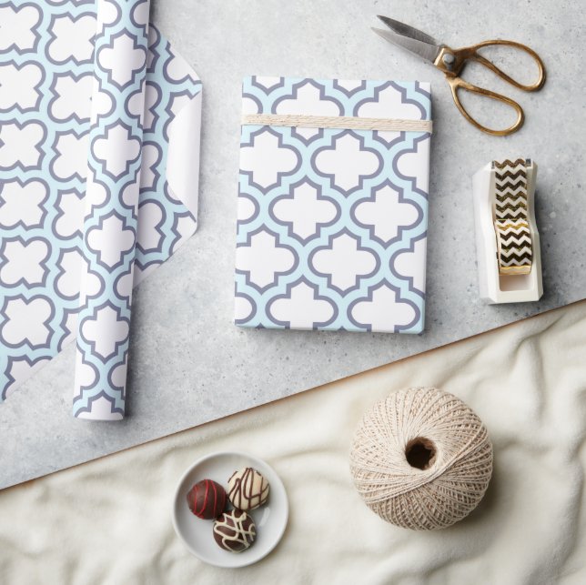 Elegant Light Blue Moroccan Quatrefoil Pattern Wrapping Paper (Crafts)