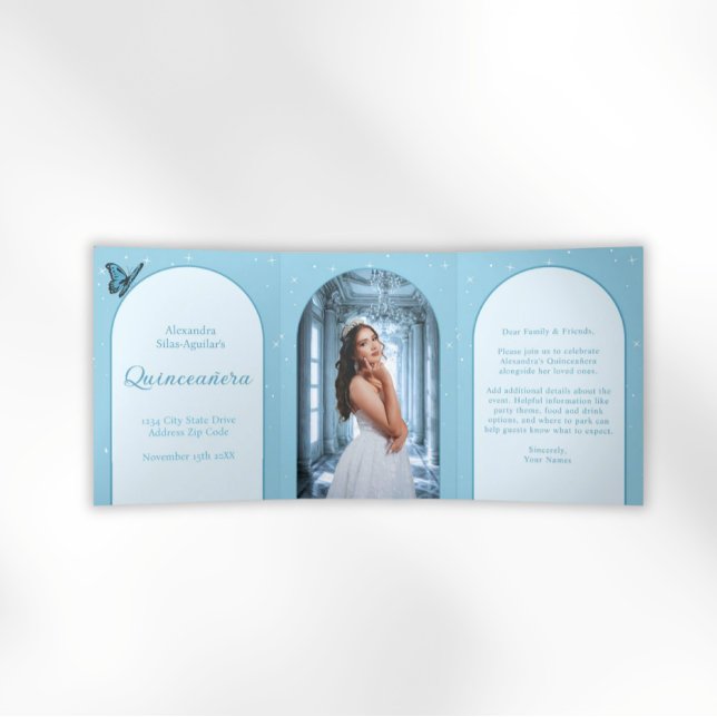 Elegant Light Blue Quinceañera - Custom Photo Tri-Fold Invitation (Elegant Light Blue Quinceañera Invitations)