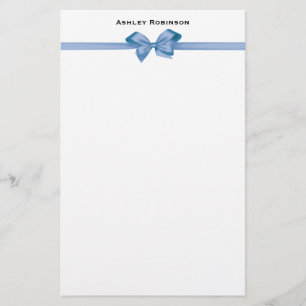 Elegant Light Blue Satin Bow on White Stationery