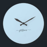 Elegant light blue script name large clock<br><div class="desc">Modern clock with a light blue background and a hand lettered black girly script name. Personalise with your name</div>