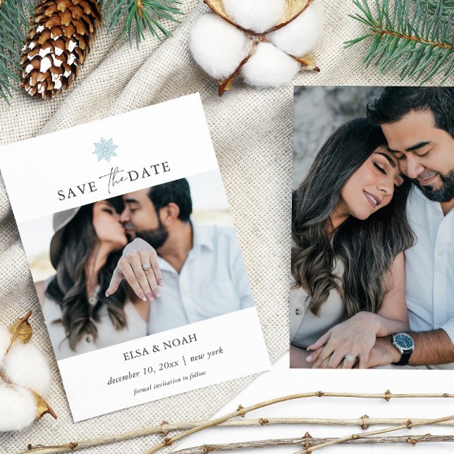 Elegant Light Blue Snowflake two photos wedding Save The Date (Creator Uploaded)