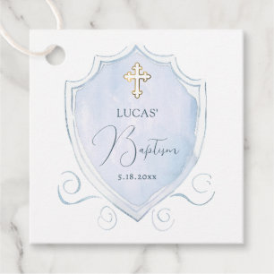 Elegant Light Blue Watercolor Crest Baptism Favour Tags