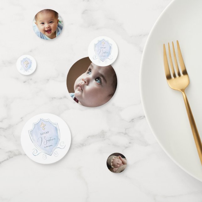 Elegant Light Blue Watercolor Crest Baptism Table Confetti (Group)