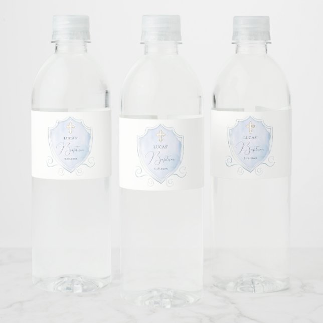 Elegant Light Blue Watercolor Crest Baptism Water Bottle Label (Bottles)