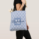 Elegant Light Blue & White Damask Monogram & Name Tote Bag<br><div class="desc">This elegant and chic tote bag features a pretty feminine design of a lacy white damask pattern over a light blue grey background. The design includes a monogram or initial with her name. Simple and beautiful making this tote bag both useful and pretty.</div>