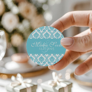 Elegant Light Blue White Damask Wedding Favour Classic Round Sticker