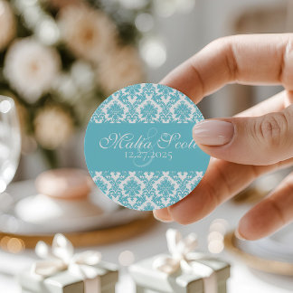 Elegant Light Blue White Damask Wedding Favour Classic Round Sticker