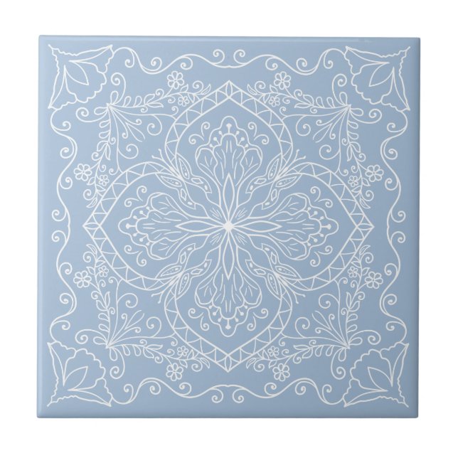 Elegant Light Blue White Flowers Butterfly Ceramic Tile (Front)