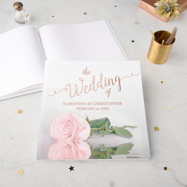 Elegant Light Blush Pink Rose Large Wedding Guest Book (Front Open)