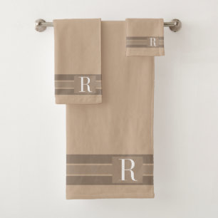 Elegant Light Brown Striped Banner Add Initial Bath Towel Set