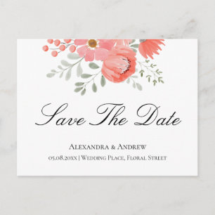 Elegant Light Coral Pink Floral Save The Date Announcement Postcard