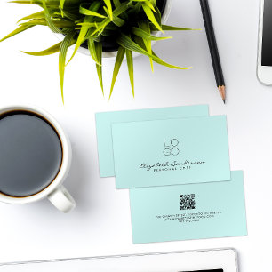 Elegant Light Cyan Luxury Script QR CODE  Business Card