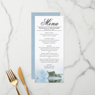 Elegant Light Dusty Blue Mirrored Rose Wedding Menu