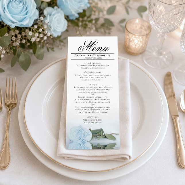Elegant Light Dusty Blue Mirrored Rose Wedding Menu (Creator Uploaded)