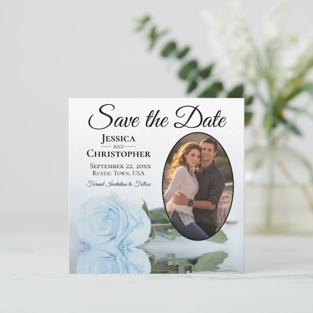 Elegant Light Dusty Blue Rose & Oval Photo Wedding Save The Date (Standing Front)
