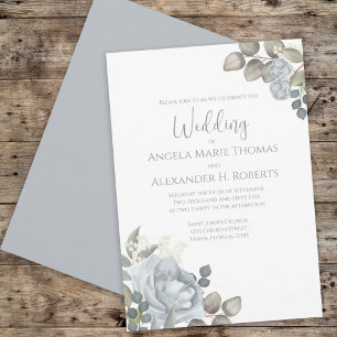 Elegant Light Dusty Blue Watercolor Floral Rose Invitation