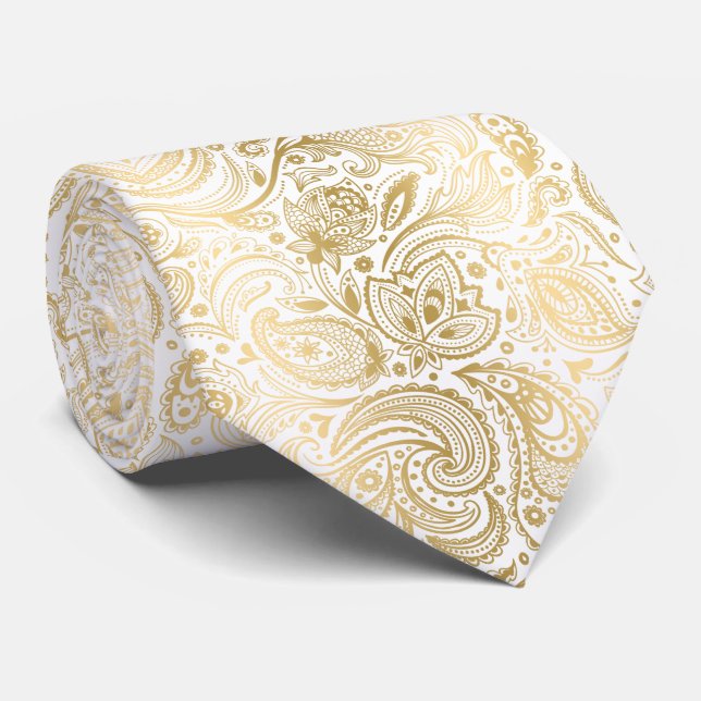 Elegant Light Gold And White Paisley Pattern Tie (Rolled)