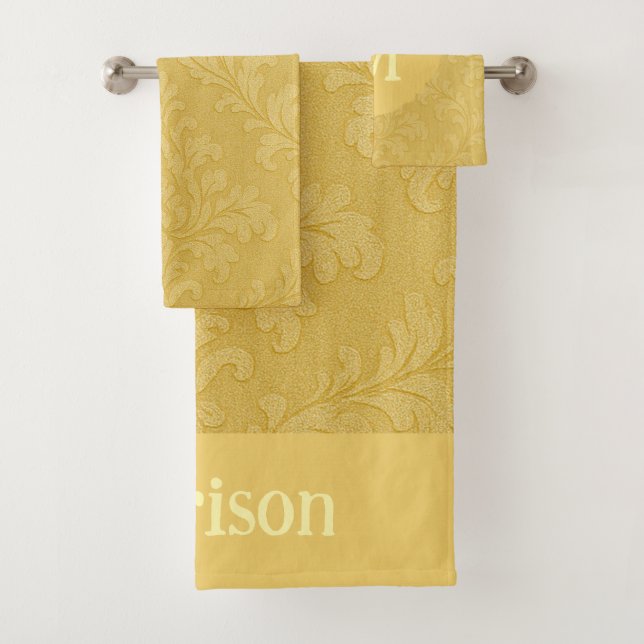  Elegant Light Gold Baroque Damask Custom Bath Towel Set (Insitu)