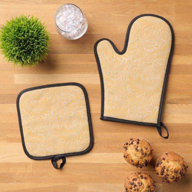 Elegant Light Gold Floral Botanical Oven Mitt & Pot Holder Set (Top Down)