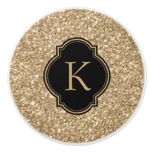Elegant Light Gold Glitter Print Black Monogram Ceramic Knob