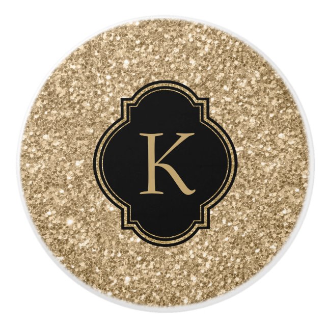 Elegant Light Gold Glitter Print Black Monogram Ceramic Knob (Front)