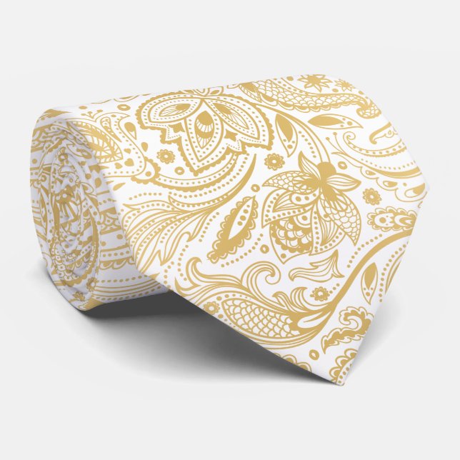Elegant Light Gold & White Vintage Paisley Tie (Rolled)