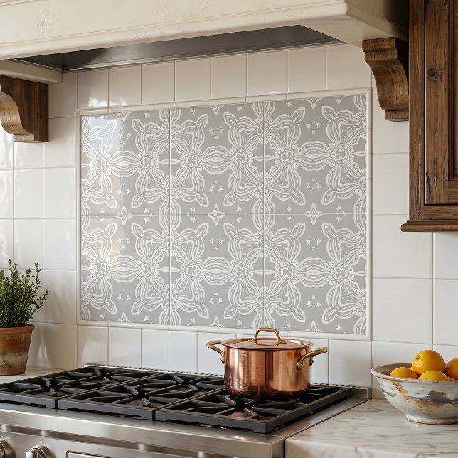 Elegant Light Gray and White Ornate Damask Pattern Ceramic Tile (Creator Uploaded)