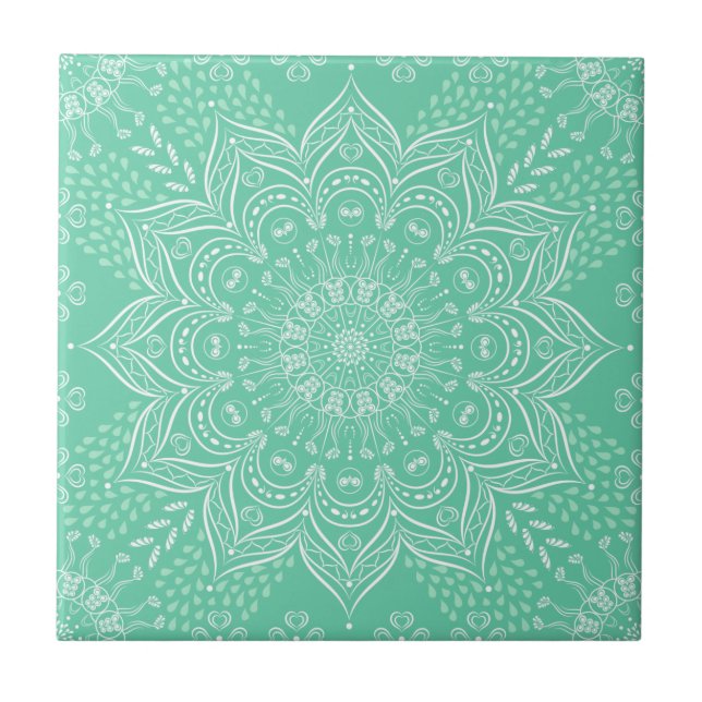 Elegant Light Green Boho Mandala Ceramic Tile (Front)