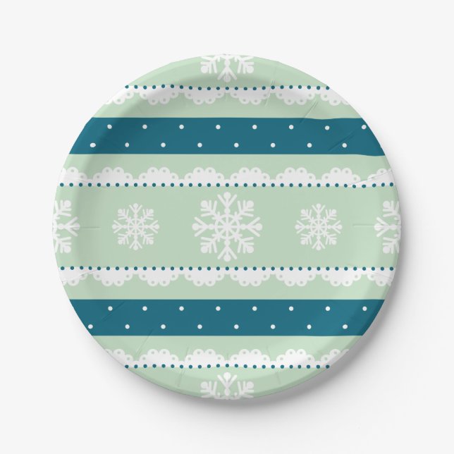 Elegant Light Green Christmas Snowflake Design Paper Plate (Front)