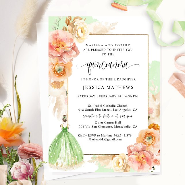 Elegant Light Green Floral Princess Quinceañera Invitation (Creator Uploaded)