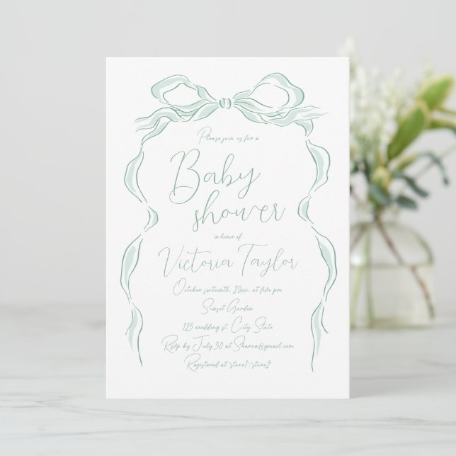 Elegant Light Green Hand Drawn Bow Baby Shower Invitation (Standing Front)