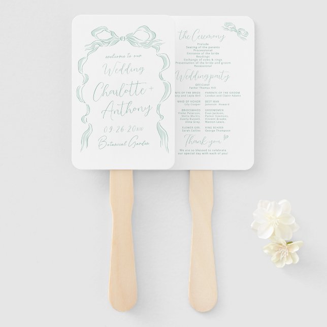 Elegant Light Green Hand Drawn Bow Wedding Program Fan (Front and Back)