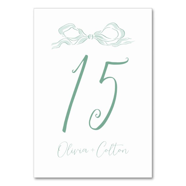 Elegant Light Green Hand Drawn Bow Wedding Table Number (Front)