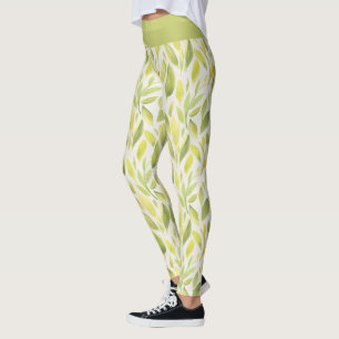 Elegant Light Green Yellow Leaves Pattern Leggings