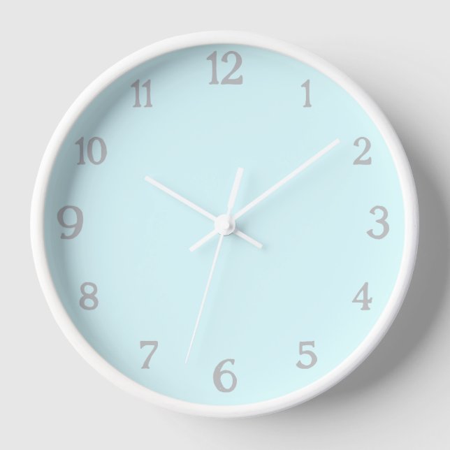 Elegant Light Grey Numbers | Classic Pastel Cyan Clock (Front)
