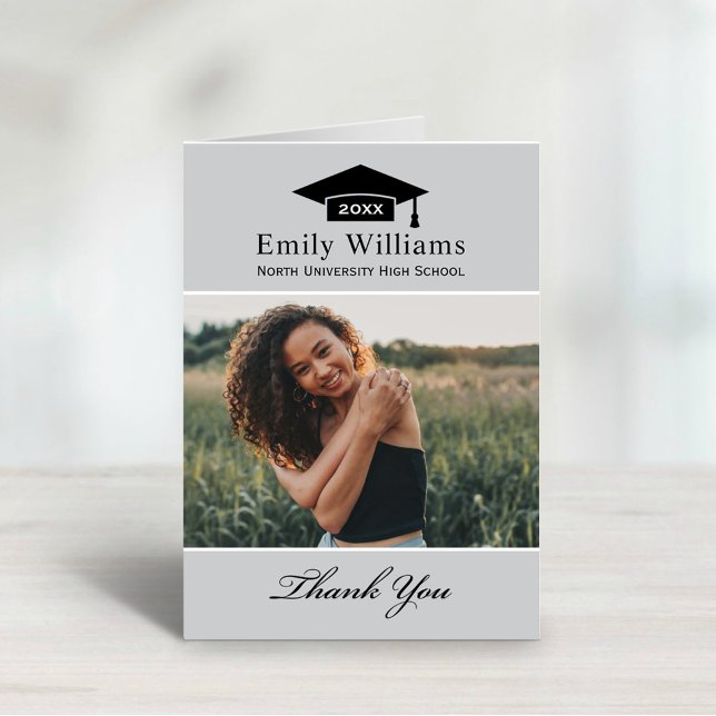 Elegant Light Grey Personalised Graduation Photo Thank You Card (Creator Uploaded)
