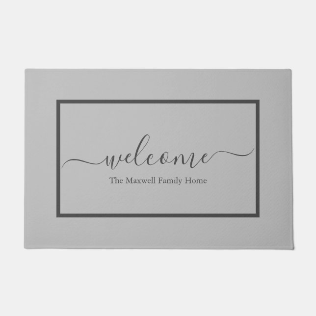 Elegant light grey script family name welcome doormat (Front)