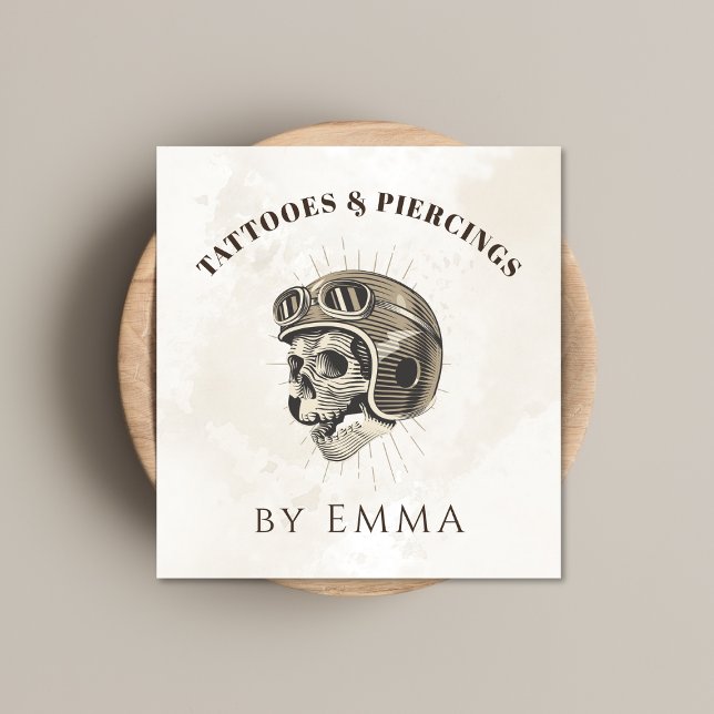 Elegant Light Marble Funny Skull Tattoo Artist  Square Business Card (Creator Uploaded)