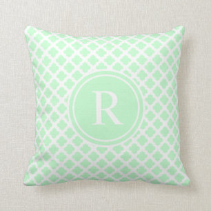 Elegant Light Mint Green Quatrefoil Monogram Cushion