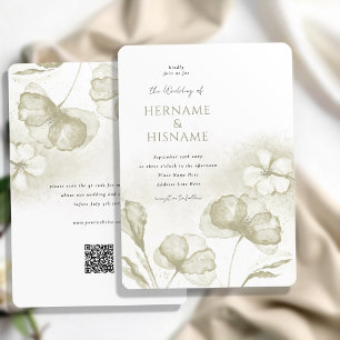 Elegant Light Olive Green Floral QR RSVP Wedding Invitation