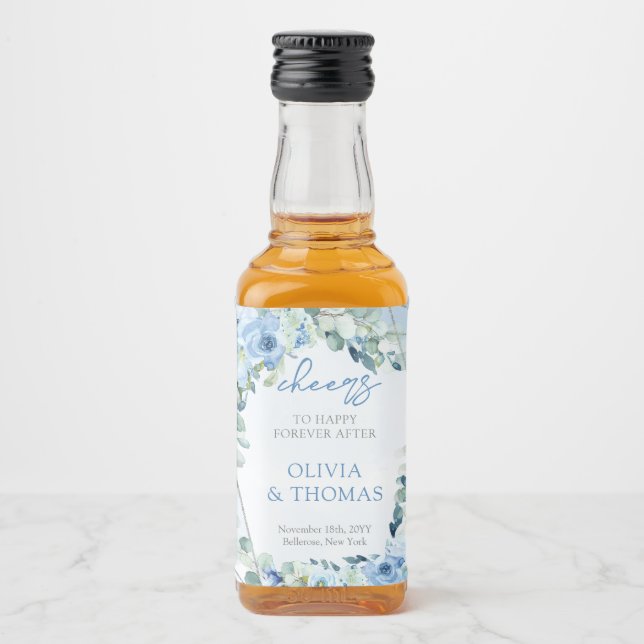 Elegant light pastel blue flowers and eucalyptus liquor bottle label (Front)