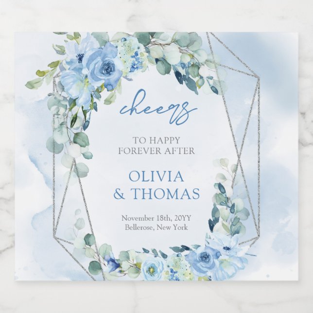 Elegant light pastel blue flowers and eucalyptus liquor bottle label (Single Label)