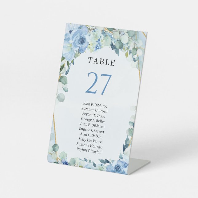 Elegant light pastel blue flowers Table Number Pedestal Sign (Front)