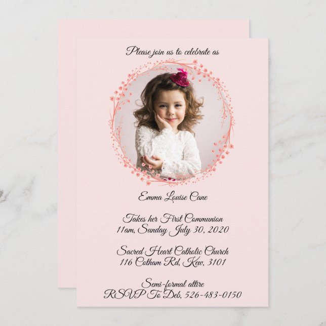 Elegant Light Pink 1st Holly Communion Invitation (Front/Back)