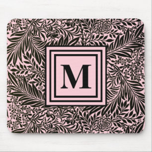 Elegant Light Pink and Black Botanical Pattern Mouse Pad