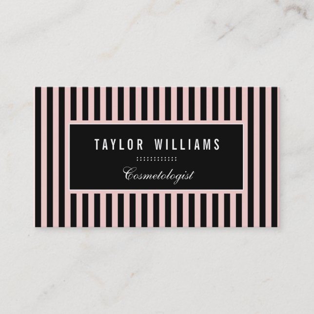 Elegant, Light Pink & Black Vertical Stripes Business Card (Front)