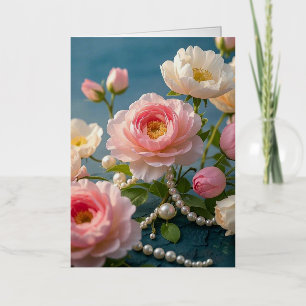 Elegant light pink blush flowers with pearls foil greeting card