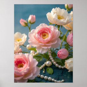 Elegant light pink blush flowers with pearls poster