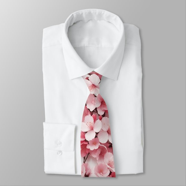 Elegant Light Pink Cherry Blossom Floral Pattern Tie (Tied)