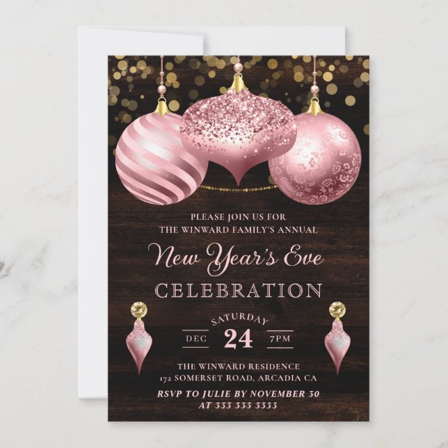 Elegant Light Pink Christmas Baubles New Year's Invitation (Front)